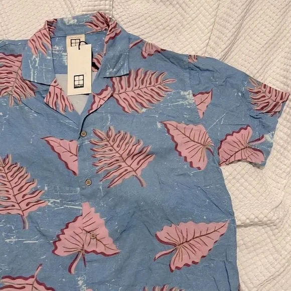 Insight Blue and Pink Leaf Print Men's Shirt - Picture 4 of 7
